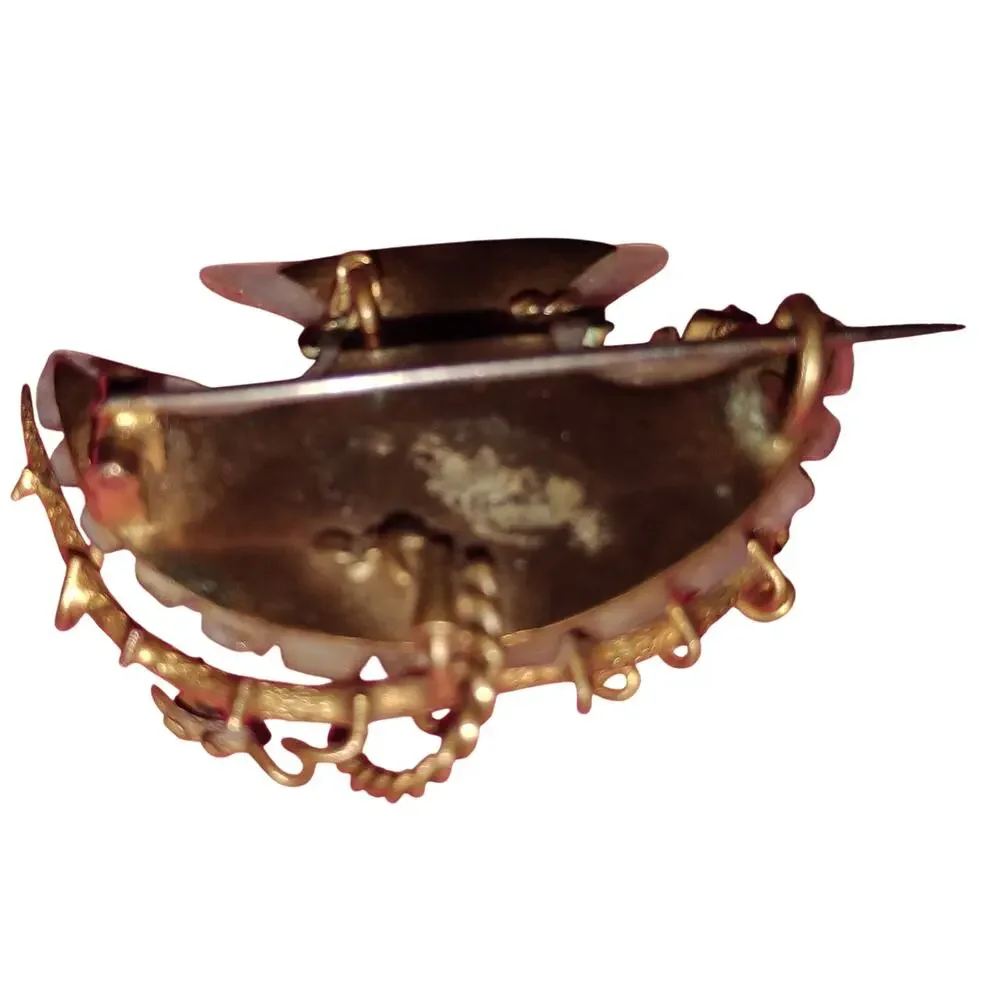 Antique Mother of Pearl Flower Basket Brooch Gold Tone Rhinestones